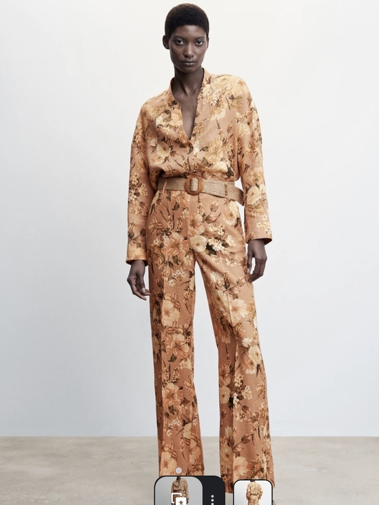 Mango Pants - Mango Floral Wide-Leg Linen Pants with Woven Belt Size 46